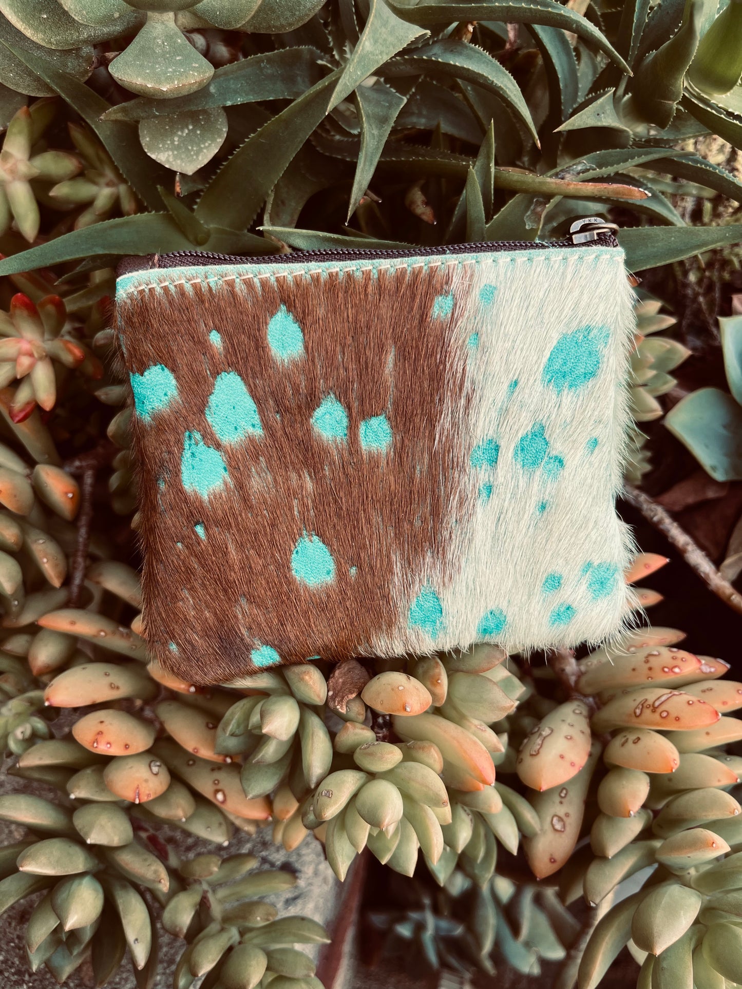 Cowhide + turquoise coin pouch