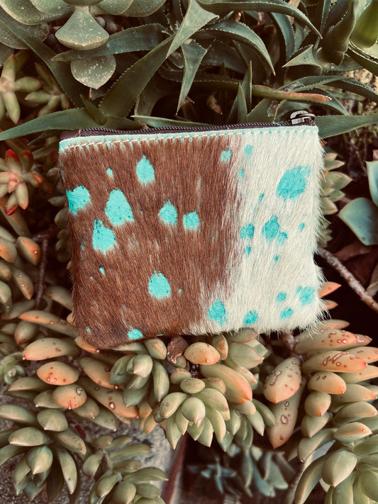 Cowhide + turquoise coin pouch