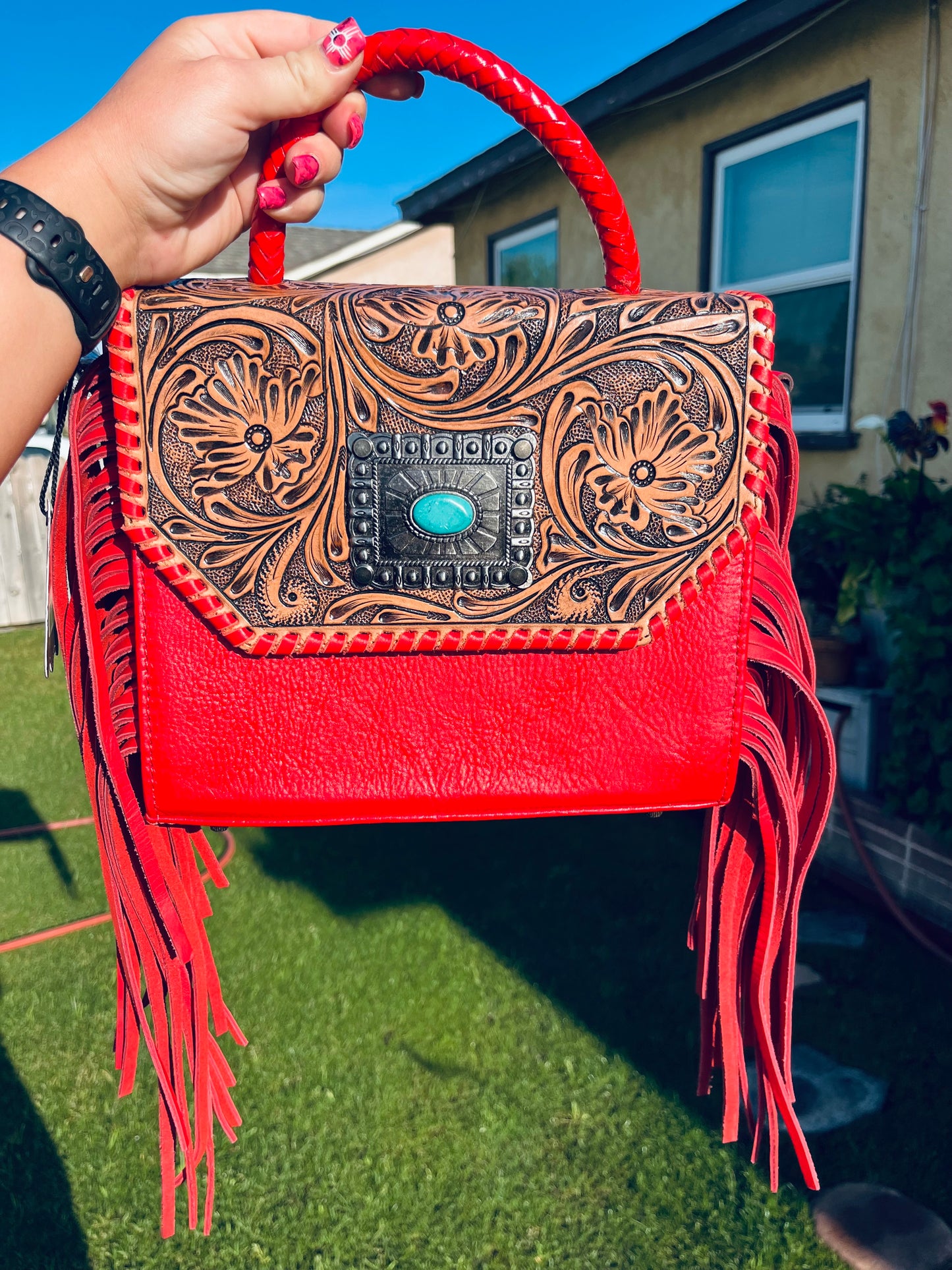 Red tooled crossbody
