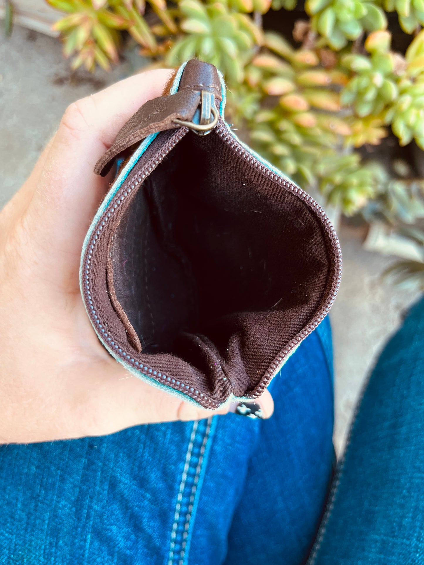 Cowhide + turquoise coin pouch