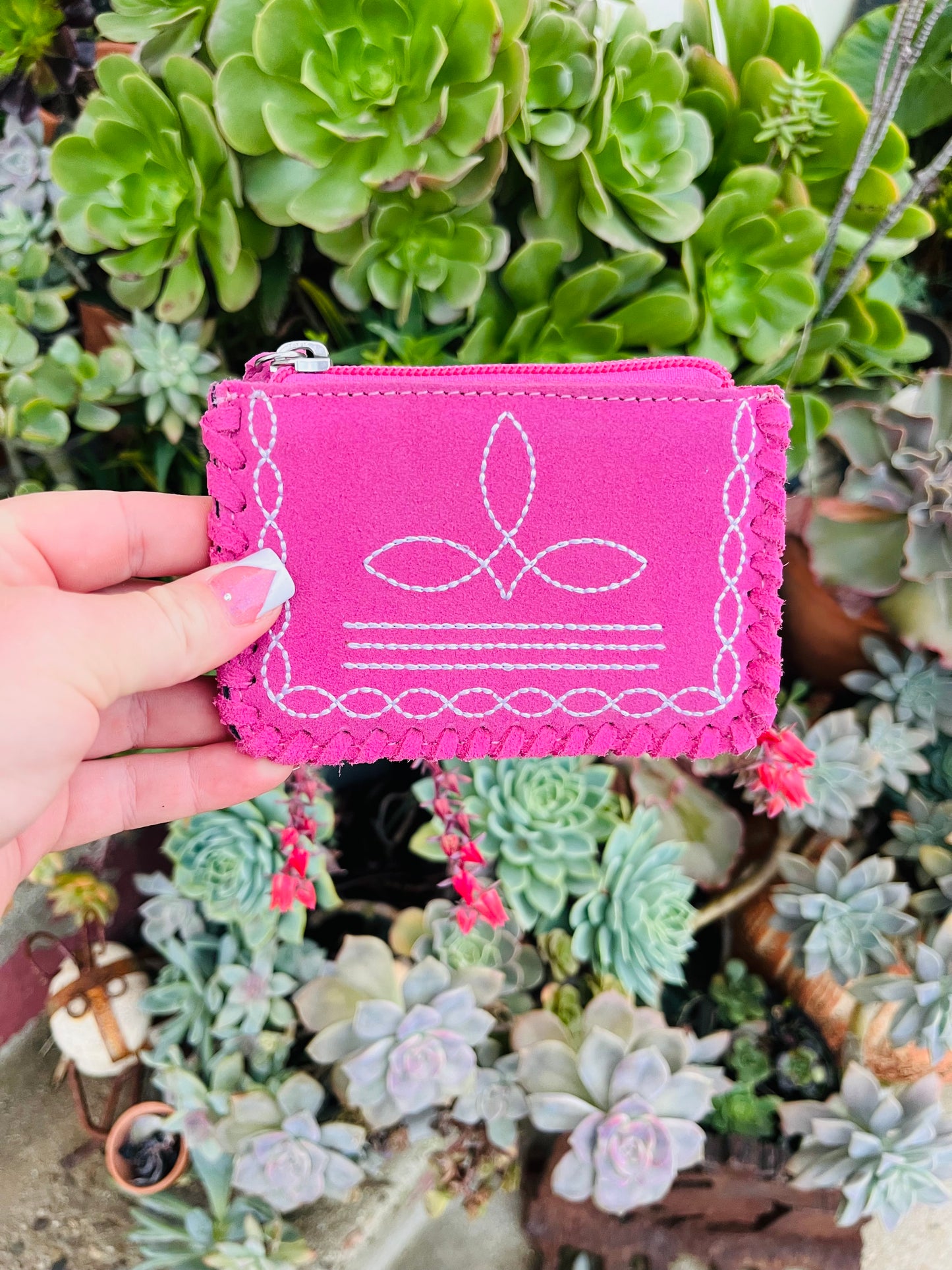 Pink boot stitch coin pouch