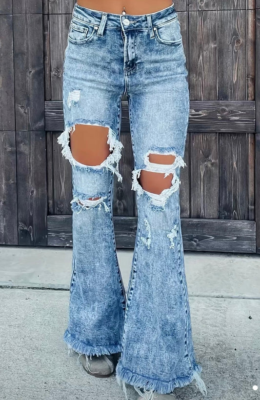 Acid washed ripped flares